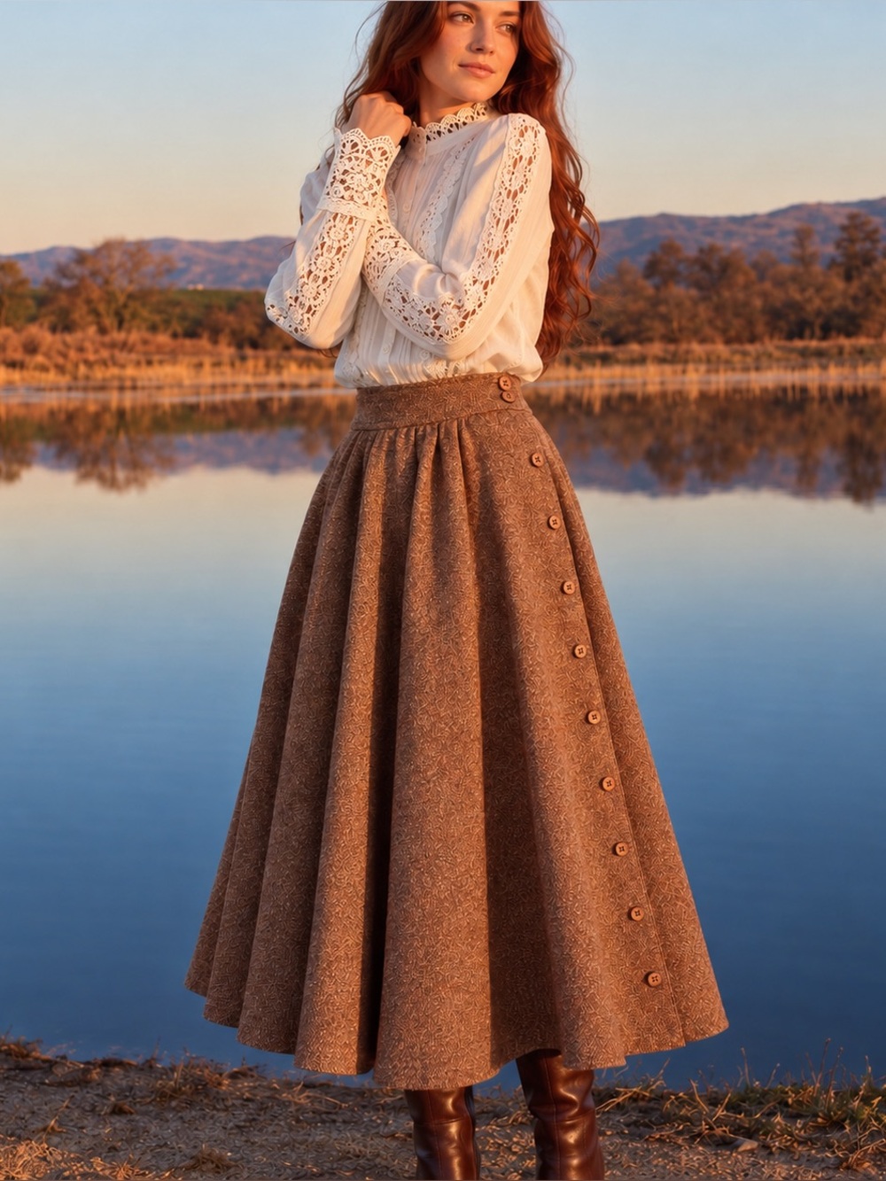 Vintage 70s Liz Claiborne Brown Wool Tweed Midi Skirt Prairie Cottagecore, S